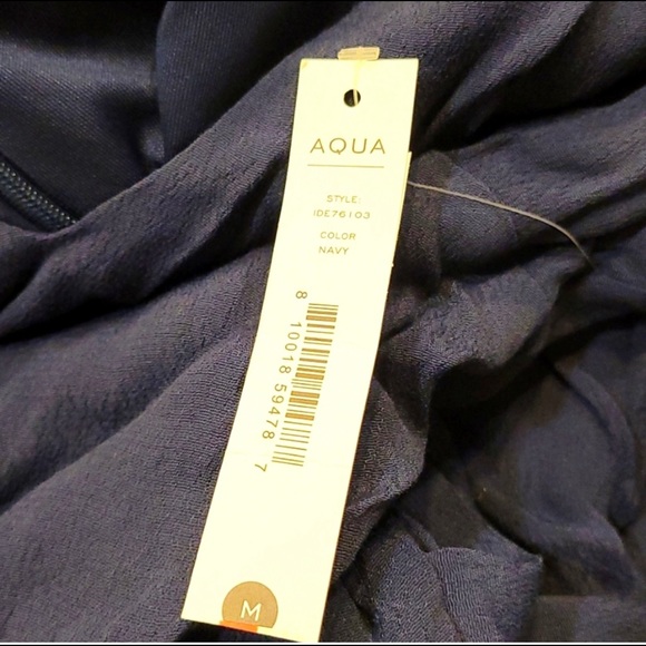 NWT AQUA Long Balloon Sleeve Tie Waist Ruffled Mini Dress Navy Blue Medium - Picture 4 of 4